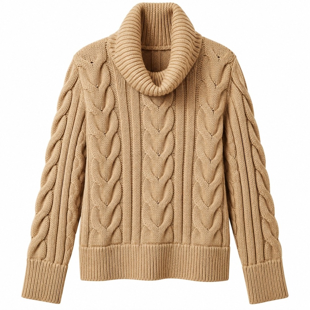 BANANA REPUBLIC Heavy Cable Knit Cowl Neck Pullover Sz S Khaki Brown Cotton/Wool